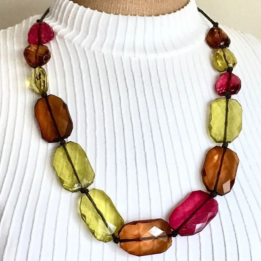 Chunky Chico’s Statement Necklace red pink irange faceted beads 4509